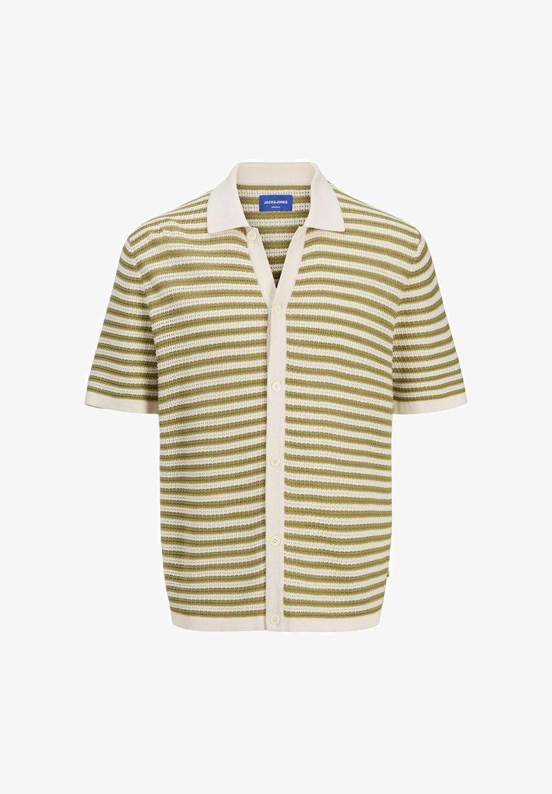 Short-sleeve shirt in olive and white stripes, featuring a cream collar, front button closure, and open knit texture.