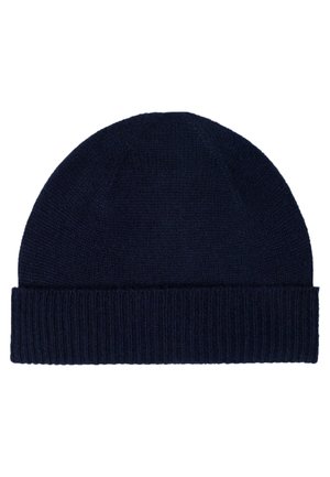 Berretto a maglia blu navy con risvolto a coste, caratterizzato da una texture liscia e una parte superiore arrotondata, progettato per calore e comfort.