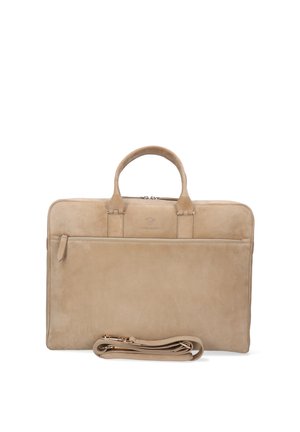 Borsa da lavoro in pelle beige con manici superiori, tasca frontale con cerniera e tracolla staccabile arrotolata davanti su sfondo bianco.