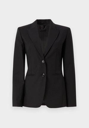 Black tailored blazer made of smooth fabric, featuring a notched lapel, two front buttons, and two side pockets with slight front seams.
