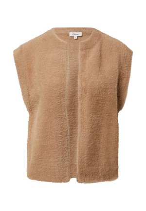 Beiges, flauschiges ärmelloses Top mit rundem Ausschnitt und offenem Vorderteil. Weiche Textur, lockere Passform, minimalistische Nahtdetails. Design von s.Oliver.
