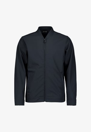 Men’s black zip-up bomber jacket with long sleeves and a stand collar, shown against a white background.