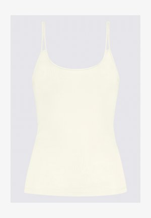 Cremefarvet tanktop med tynde justerbare stropper, tætsittende design, glat tekstur og rund halsudskæring, uden pynt.