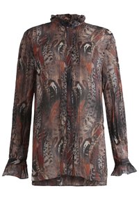 Sheer, patterned blouse featuring a ruffled neckline, long sleeves with flared cuffs, in earthy tones of brown, red, and black.