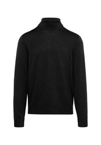 Czarny sweter z golfem wykonany z lekkiego dzianiny, z długimi rękawami, prążkowanym wykończeniem u kołnierza i mankietów oraz luźnym fasonem.