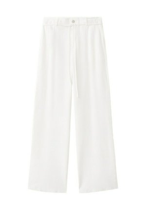Pantalon blanc à jambes larges avec taille à cordon et fermeture par bouton, confectionné dans un tissu léger, présenté à plat sur un fond blanc.
