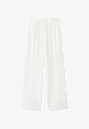 Pantaloni albi cu croială largă, talie cu șnur și închidere cu nasturi, realizați dintr-un material ușor, prezentați pe o suprafață albă.
