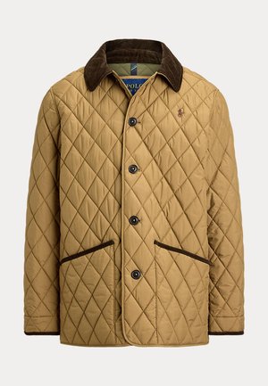 Men's tan quilted jacket with dark brown corduroy collar, button front, two front pockets, and embroidered logo on chest.