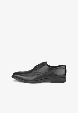 Chaussure de ville pour homme en cuir noir avec laçage fermé, talon bas et couture décorative sur le côté, présentée en profil latéral sur fond blanc.