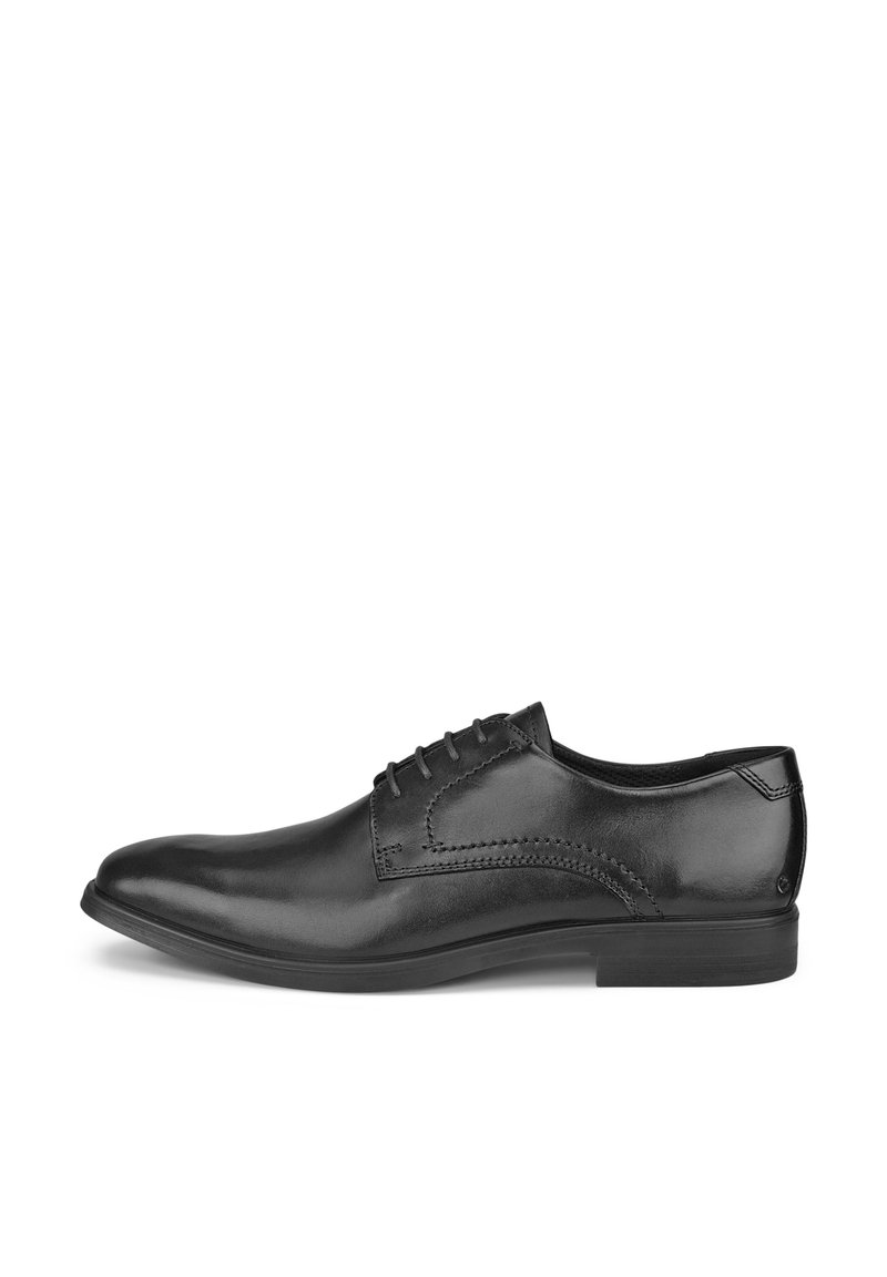 Chaussure de ville pour homme en cuir noir avec laçage fermé, talon bas et couture décorative sur le côté, présentée en profil latéral sur fond blanc.