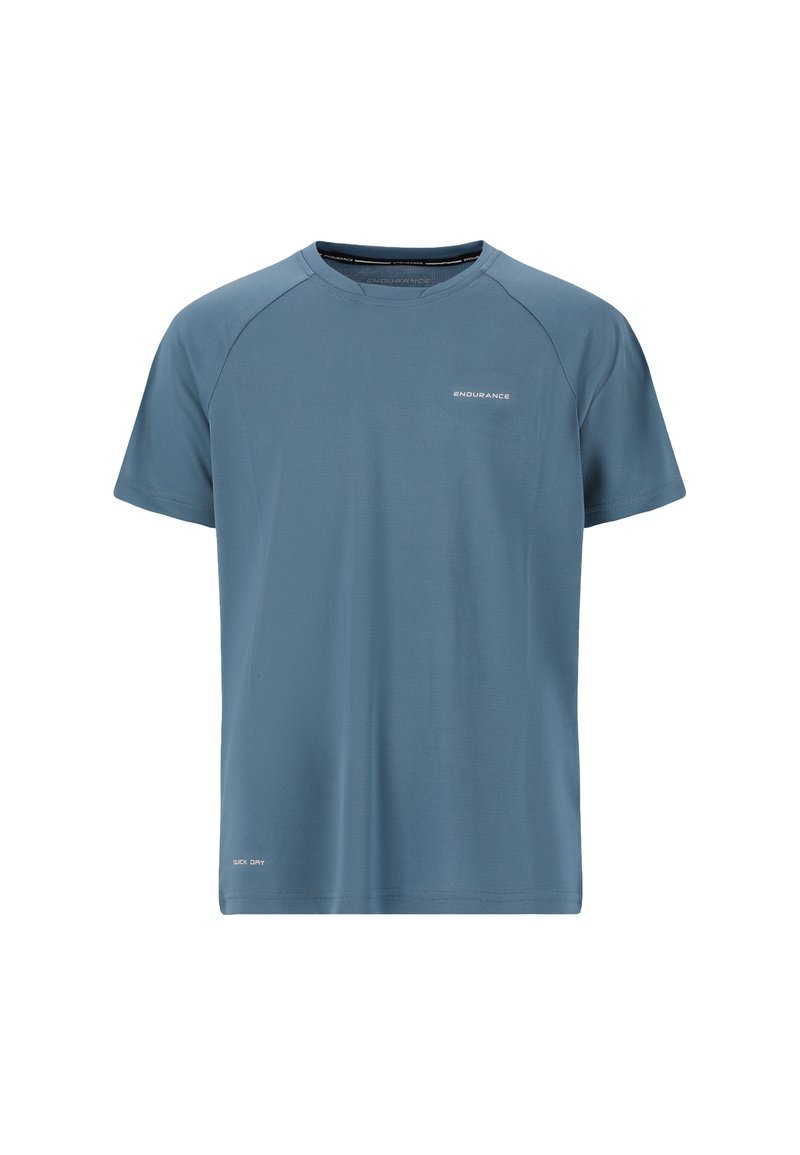 Sininen lyhythihainen urheilu t-paita, joka on valmistettu kevyestä ja sileästä kankaasta. Siinä on pyöreä kaula-aukko ja hillitty brändäys edessä.