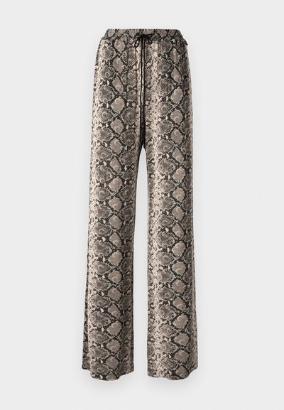 Wide-leg trousers in a snake print pattern, featuring a drawstring waist, made of lightweight fabric in beige, black, and brown tones.