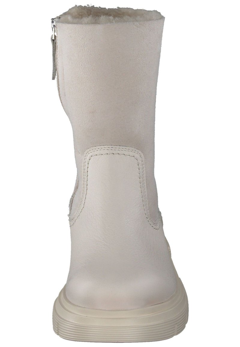 Weiße Leder-Absatzstiefel mit einer weichen Fellfütterung, glatter Oberfläche, seitlichem Reißverschluss und einer strukturierten Gummisohle. Minimalistisches Design und neutrale Farbe.