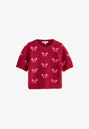 Punane lühikeste varrukatega kampsun, pehme tekstuur ja roosa liblikakujundus. Ümmargune kaelus ja kastikujuline lõige. Kangas näeb välja pehme ja mugav.