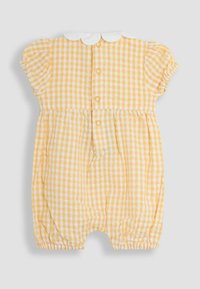 Geltona gingham stiliaus rompers su balta lanku apykakle, trumpomis pūkuotomis rankovėmis ir spaudėmis nugaroje. Minkšta, lengva medžiaga.
