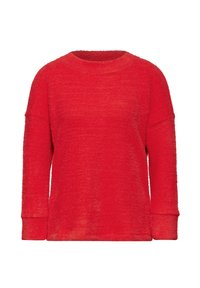Maglione lungo rosso a maniche lunghe realizzato in morbido tessuto testurizzato. Presenta un collo rotondo e una vestibilità rilassata con spalle e polsini scesi.