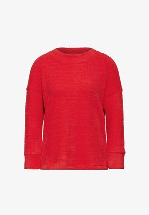 Maglione lungo rosso a maniche lunghe realizzato in morbido tessuto testurizzato. Presenta un collo rotondo e una vestibilità rilassata con spalle e polsini scesi.