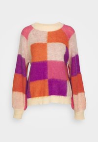 Kolorowy, oversize'owy sweter wykonany z miękkiej tkaniny; posiada kratkowany wzór w kolorach różowym, pomarańczowym, fioletowym i kremowym; ściągaczowy dekolt i mankiety.