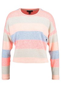 Svetr s dlouhým rukávem a kulatým výstřihem, s vodorovnými pruhy v růžové, šedé a modré barvě. Vyroben z měkké, mírně lesklé tkaniny s uvolněným střihem.