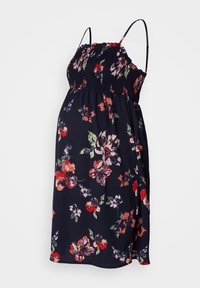 Abito premaman blu navy con motivi floreali in rosso, rosa e verde. Presenta un corpetto arricciato e sottili spalline. Tessuto leggero.