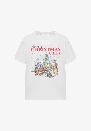 Weißes T-Shirt mit Cartoonfiguren, die einen Weihnachtsbaum schmücken, darunter der Text "Weihnachtsfreude verbreiten" in roten und schwarzen Buchstaben.