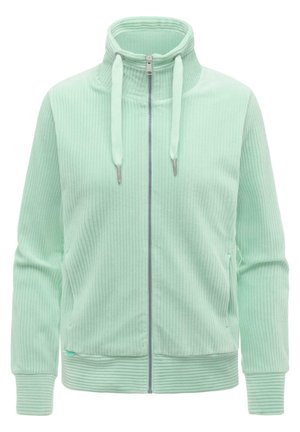 Hellgrüne, gerippte Jacke mit Reißverschluss, hohem Kragen, Kordelzugkapuze, langen Ärmeln und Vorderentaschen.