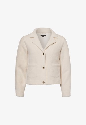 Weiße strukturierte Jacke mit Kragen, zwei Vordertaschen und drei braunen Knöpfen auf der Vorderseite. Kurzes Design.
