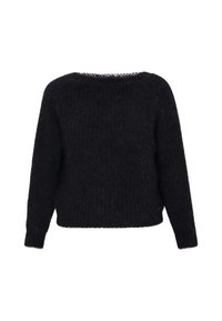 Zwarte oversized trui met een textuurafwerking, ruime halslijn en lange mouwen. Heeft een zacht, donzig materiaal en subtiele stikseldetails.