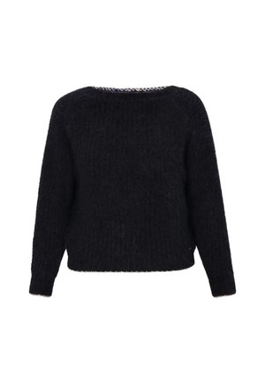 Zwarte oversized trui met een textuurafwerking, ruime halslijn en lange mouwen. Heeft een zacht, donzig materiaal en subtiele stikseldetails.