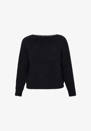 Schwarzer oversized Pullover mit strukturierter Oberfläche, weitem Ausschnitt und langen Ärmeln. Aus weichem, flauschigem Material gefertigt und mit dezenten Nähten versehen.