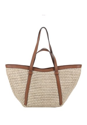Geflochtene beige Tragetasche mit braunen Lederbesätzen und zwei langen Schulterriemen, geräumig und offen oben.