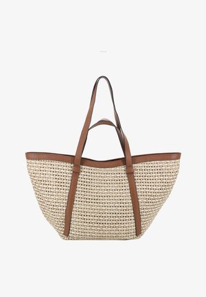Geflochtene beige Tragetasche mit braunen Lederbesätzen und zwei langen Schulterriemen, geräumig und offen oben.