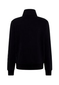 Čierna mikina s vysokým golierom, s dlhými rukávmi, rebrovanými manžetami a hladkou textúrou. Pohľad zozadu neukazuje žiadne viditeľné logá alebo vzory.