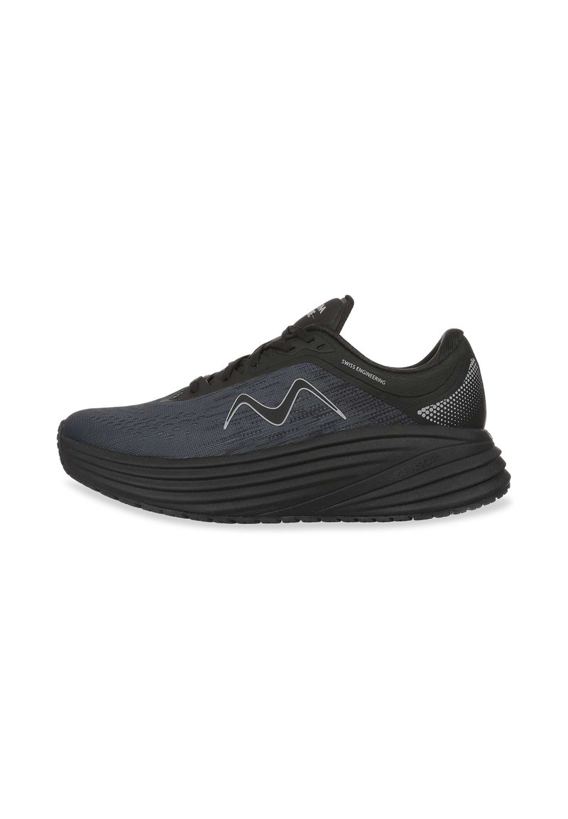 Zapatillas de running negras y azul oscuro con un upper texturizado, puntera redondeada y un patrón en forma de ola a lo largo de la suela; incluyen detalles reflectantes.