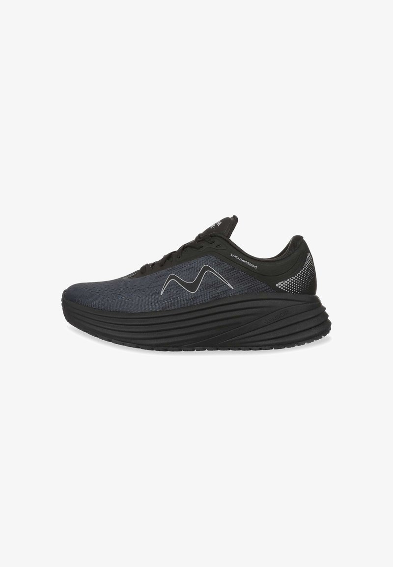 Black and dark blue running shoes with a textured upper, rounded toe, and wave-like pattern along the sole; features reflective accents.