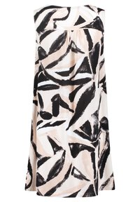 Ärmelloses Kleid mit einem hellbeigen Hintergrund und abstrakten schwarzen und pfirsichfarbenen Blattmustern. Weicher Stoff, lockere Passform, knielanges Design.