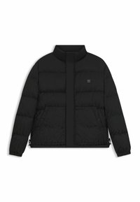 Giacca a vento nera con colletto alto, zip frontale e due tasche laterali. Presenta polsini a coste e orlo regolabile. Dettaglio del logo discreto.