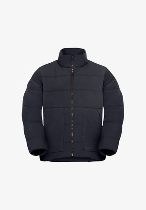 Dunkelblaue Daunenjacke mit hohem Kragen, durchgehendem Reißverschluss und zwei großen Taschen. Verfügt über gesteppten Bereiche und eine weiche Oberfläche.