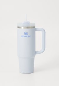 Large light blue insulated mug with a stainless steel band, clear lid, straw, and side handle; features the "STANLEY" logo.