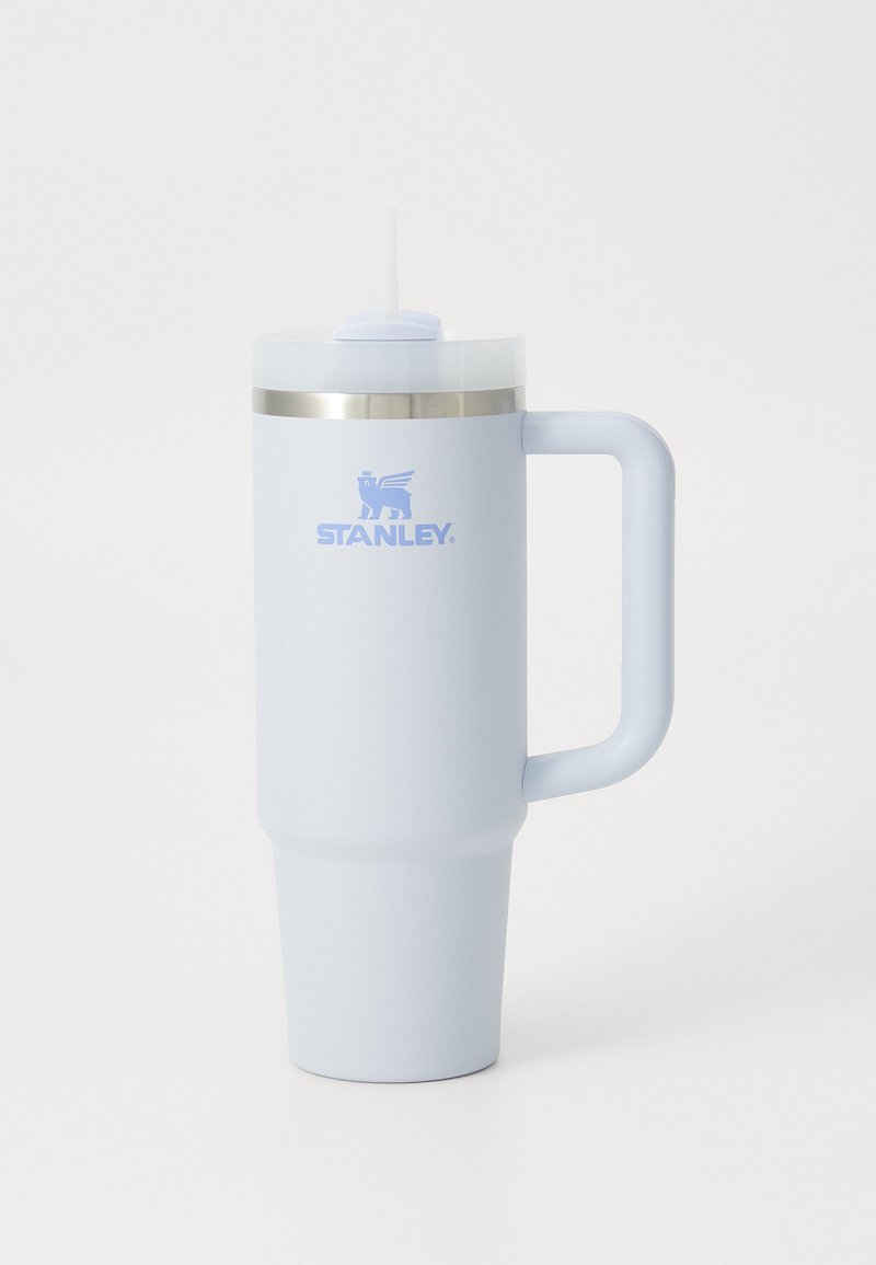 Large light blue insulated mug with a stainless steel band, clear lid, straw, and side handle; features the "STANLEY" logo.