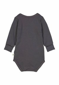 Dlouhý šedý body s dlouhým rukávem vyrobený z měkké tkaniny, s kulatým výstřihem, elastickými manžetami a zapínáním na cvoček ve spodní části.