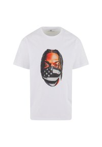 White cotton t-shirt featuring a graphic print of a person wearing a black and white mask with stars. Short sleeves and crew neckline.
