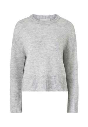 Light gray knitted sweater with a round neckline, long sleeves, and ribbed hem. Soft texture and slightly relaxed fit.