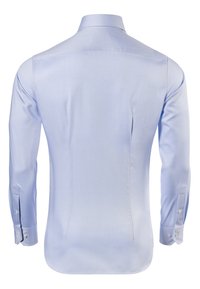 Lichtblauwe lange mouwen shirt, gladde stof, klassieke kraag, gebogen zoom, met knoopmanchetten en subtiele rugdarts.