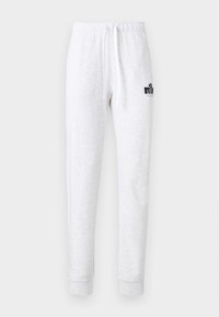 Ανοιχτό γκρι φόρμα από απαλό υλικό, με ελαστική μέση και κορδόνια, καθώς και μαύρο λογότυπο στο αριστερό μπροστινό μέρος.