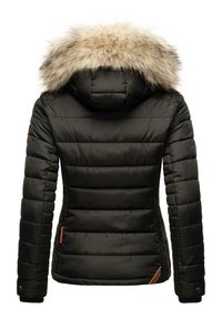 Black padded jacket with a detachable hood featuring a faux fur trim. Horizontal stitching and brown accent near the hem.