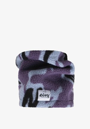 Fleece nekwarmer met een paarse en blauwe camouflageprint en zwarte accenten. Inclusief een wit merklabel aan de onderkant.