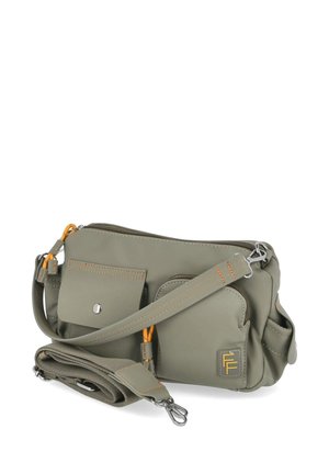 Olive green crossbody bag with multiple zippered pockets, detachable long strap, and orange accent stitching and zipper pulls.
