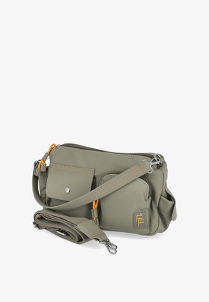 Olive green crossbody bag with multiple zippered pockets, detachable long strap, and orange accent stitching and zipper pulls.