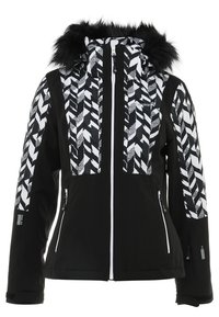Veste d’hiver noire avec des motifs géométriques blancs sur la poitrine et les manches, fermeture éclair frontale, poches zippées, et bordure de capuche en fausse fourrure noire amovible.